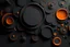 Placeholder: dark grey background with abstract orange 3d elements, they are located at the edges of the image, and the center remains empty