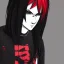 Placeholder: Portrait of White skin man in typical punk-rock black outfit some tattoos black hair and red left eye in Anime Style