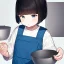 Placeholder: 9 year old girl, cute, Child, Medium fluffy bangs, bowl cut that is parted, medium hair length, wearing a white shirt with a white color, with blue overalls,