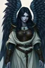 Placeholder: Circle of stars aasimar Druid with dark hair for a dnd campaign with dark large angel wings. The whole picture should be blue toned and she should have leather armor under robes. Her skin should be normal colored