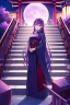 Placeholder: girl, masterpiece, best quality, cinematic lighting, detailed outfit, vibrant colors, perfect eyes, purple hair, pink eyes, long hair, looking down, hakama, shrine, moon, stairs,