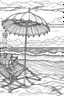 Placeholder: Outline art for coloring page, PICNIC BASKET ON A LONG BEACH TOWEL UNDER A TALL BEACH UMBRELLA ON A HAWAII BEACH, coloring page, white background, Sketch style, only use outline, clean line art, white background, no shadows, no shading, no color, clear