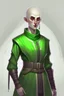 Placeholder: full lengthtall 22-year old, shaved head, grey-eyed female cleric wearing dark green