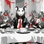 Placeholder: Vector illustration of a (((large rat sitting))) at a banquet table, eating a (((large cheese))), sitting at the same table, (((other rats watching the large rat eat))). White, red and black colors. Banksy style