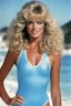 Placeholder: Farrah Fawcett with extremely wavy curly, blonde hair and blue eyes, posing for her famous swim suit poster