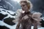 Placeholder: Hiper-realistic Close-up photo, Otherworldly, blonde Brown Actress knight fashion, Gaudi-Iris Van Harpen translucent fluorescent haute couture gown costume, Austrian Symbolism, arcane atmosphere, in the stormy sunrise mountains snowy River forest, by Sergei Parajanov movie