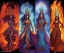 Placeholder: Four doll divine representing each one the four elements: fire, earth, air, and water. Mark Brooks and Dan Mumford, comic book art, perfect, smooth elemental galactic space core royalty queens crown.