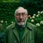 Placeholder: Un retrato de un anciano con un sobretodo verde y lentes de marco grueso en un jardín de rosas