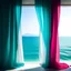 Placeholder: A white curtain above the sea, turquoise, pink,,Brig colors