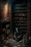 Placeholder: A dark, dingy brick dungeon, with a shelf containing six vintage bottles of various sizes with labels of pain and memories, with one young girl sitting on the floor in tears with a pile of books