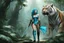 Placeholder: [humid jungle forest] thin nudist cyan female alien medieval ranger with fabric boots and corset, armed by a broad sword, she walks on the side of a giant tiger