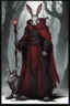 Placeholder: Male rabbitfolk with grey fur wearing blood red and black robes in a fantasy setting, sorcerer of death