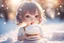 Placeholder: cute chibi girl eating white snowcake in sunshine ethereal, cinematic postprocessing, bokeh, dof