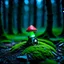 Placeholder: "Close up of a wonderful tiny Mushroom Tower home. green and red with bright white, deep black and contrasting tones of gray. Illuminated bioluminescent forest. Professional painter, master at composition. small but detailed. broken, blurred background, voluminous lighting"