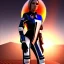 Placeholder: black long hairs lady astronaut top under sunset