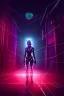 Placeholder: 3d, si-fi hunger , far away a girl in the middle, stand on round platform, connected by wires , vr googles, beautifully color coded, super detailed, moody lighting, volumetric lighting, night time, glowing veins, mass effect, vertical light glow city