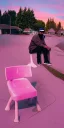 Placeholder: Ice Cube rapper, sitting. a chair. pink houses, pink sky, pink smoke, trees, outdoors. Groove street. 28mm