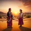 Placeholder: Hyper Realistic Photographic-Zoomed-View Of Rajasthani Brother & Sister With A Traditionally Rajasthani Attire Standing In A Desert Dramatically Looking At Sunset showing dramatic & cinematic ambiance.