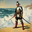 Placeholder: [art by Norman Rockwell, surf at Nazare] Clad in armor that bore the marks of countless battles, Roupinho stood tall and proud, his sword gleaming in the sunlight as if it were an extension of his very being. Forged by skilled artisans and imbued with the essence of his noble lineage, the sword was not just a weapon but a symbol of his duty and honor. Every day, Roupinho would seek solace and guidance in the presence of the Black Madonna. With reverent steps, he would ascend the worn stone steps