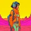 Placeholder: Moebius style scifi pilot girl with headphones and exosuit solid colors with a desert and dusty station in the background