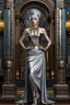 Placeholder: Creation: full body and headshot of a skinny Cleopatra, with a silver bob hairstyle, standing in a steampunk setting.