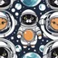 Placeholder: Astronaut cat seamless pattern, vector, cartoon like. Cat in astronaut suit playing.