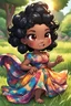 Placeholder: A comic book art image of a chibi black cartoon of a curvaceous woman with flowing black hair twisted up, wearing a colorful maxi dress. She sits relaxed on the grass facing the warm sunlight, which illuminates her face as she looks to the side with a small smile, accentuating her prominent makeup and brown eyes.