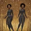 Placeholder: Biologically Female Twins, black skin, tall and slender, long afro kinky hair,big brown eyes, warrior wear. Gold accents on clothing. Surround by trees. Holding golden spears. Starry night