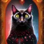 Placeholder: close up on cat in magickal forest, with the black and red owl in the background, fantasy book cover art