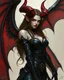 Placeholder: A female demon, pale skin, long brown hair, red eyes, long flaming horns, black leather outfit, black and red bat-like wings, arrogant, vicious, an air of malevolent power surrounds her, greg rutkowski, intricate details, dark fantasy setting, hyperrealistic