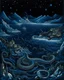 Placeholder: A dark blue watery coast with sea serpents at nighttime painted by MC Escher