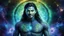 Placeholder: beautiful gorgeous young man na'vi with long hair, Avatar, blue skin, two small ears, green eyes, black hair, in cosmic suit, galactic ambiance, medium pointy goatee , smiling, nebulas and sacred geometry light figures on the backgroud,