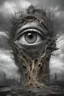 Placeholder: surrealis monochrome A fragmented, surreal sculpture liguid color of photorealistic image 3d,psychedelic art of a big eye surrounded by clouds glossy emerging from dreamlike a crumbling building. The face appears pale with deep cracks and intricate details, evoking a haunting expression. Blackened tree branches intertwine with the gold mengkilat cracks, set against a backdrop of stormy, cloud-filled skies. bauhaus art The overall tone is dark and moody, suggesting themes of decay and transfor