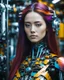 Placeholder: Half body photography cinematography colors a beautiful woman long hair humanoid robot in between two rows of complex machinery with vibrant colors