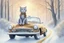 Placeholder: Cute little happy cat scarecrow riding a luxury car, forest path background, winter, snowflakes swirling, waterfall, reflection, mist, sunrise, smooth intricate photorealistic hyperrealistic high definition beautiful lighting pencil sketch watercolor dramatic lighting storybook illustration polished Deep shadows deep color warm light shiny glitters