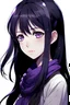 Placeholder: (masterpiece), best quality, expressive eyes, perfect face, (dark shiny silky black haired), violet eyes girl with a violet scarf, long hair, neutral expression, closed mouth, black school uniform, (facing forward, face profile), shot against white background