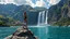 Placeholder: a picture of natural landscape that includes majestic mountains and a serene countryside. Additionally, incorporate details about a stunning, large waterfall that enhances the beauty of the scene. The output should be structured as a narrative, painting a clear image with rich, descriptive language that evokes the sights and sounds of this beautiful environment water fall falls to a big sea with modern ship in it.a fullbody lady in One Piece - Athletic Swimsuit,standing over a rock at hight