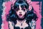 Placeholder: Poster in two gradually, a one side malevolent goth vampire girl face and other side the Singer Melanie Martinez face, full body, painting by Yoji Shinkawa, darkblue and pink tones,