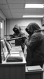 Placeholder: Bank robbery by hooded masked thieves, one of them standing on a counter pointing his machine gun to bank employees