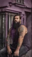 Placeholder: full figure photography of a hippy gipsy burly muscular chubby strong man 31 years old with long raided beard, shaved hair, tattoo, photorealistic ,dressed with a purple ripped t-shirt, side light, outdoor in a dirty street