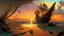 Placeholder: In the style of bob ross, thomas kadinskade and albert bierstadt a painting of a beach with an old ship wreck. Plants growing all over it. Intricate details, dramatic sunset, beautiful