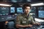 Placeholder: 30 year old military Coding IT Officer, male, slight-Asian, slight smile, sitting at data console of star cruiser ship, casual, shaggy hair, hyper-photo-realistic, detailed, cinematic lighting