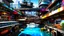 Placeholder: Water-level view of buildings made of reused dirty rusty metal on a futuristic canal junction, cyberpunk, many painted colours, flying boats, balconies, bridges, people, shopping, eating, walking, fifth element, ghost in the shell, altered carbon