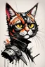 Placeholder: create a wild caricature of a cyberpunk female mercenary cat highly detailed with refined feline features in the caricature style of Gerald Scarfe and Ralph Steadman, precisely drawn, boldly inked, vividly colored, 4k