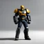 Placeholder: In 3d Mikros animation style. Judge Dredd about to arrest a perp on a neutral grey background