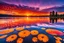 Placeholder: A surreal and ethereal scene at Horse's Lake Saide, where the sun is setting and casting a warm, orange glow across the expanse of water. The sky above is awash in a kaleidoscope of vibrant colors, ranging from deep purples and blues to fiery reds and yellows, creating a psychedelic, trippy effect. The water of the lake mirrors the sky's colors, creating a mesmerizing reflection that seems to stretch on for eternity. In the distance, a lone horse can be seen standing gracefully at the shore, its