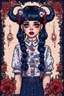 Placeholder: wears a smart shirt which is embroidered with bluered flowers and ornaments, has dark eyes and horns,Poster in two gradually, a one side malevolent goth vampire girl face and other side the Singer Melanie Martinez face, full body, painting 90's movie , pixel art , for a retro gaming 2D style, darkblue and sepia tones,