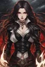 Placeholder: An arrogant looking young woman with pale skin and long brown hair in a stormy dark fantasy setting with intricate details. She is wearing black and read leather, has red eyes, an air of malevolent power surrounds her. Anime style. High definition.