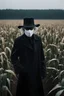 Placeholder: photo raw, 8k uhd, 1990s film still, front man in black trenchcoat and black hat, wearing white plastic halloween mask, white hair, in the middle of a dark corn field, sharp focus, realistic,