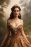 Placeholder: long shot beautiful and gorgerous duchess with incredible jewellery in 19th century clothing by Greg Rutkowski and Artgerm and Emile Vernon and Vladimir Volegov, in a brown dress, mystical castle background, art illustration, natural beauty, muted colors, pastels, perfect fingers, higly detailed, expressive, high detail, symmetrical, digital painting, symmetrical eyes, dynamic lighting, artstation, cinematic lighting, intricate artwork, emitting diodes, smoke, artillery, sparks, racks, system u